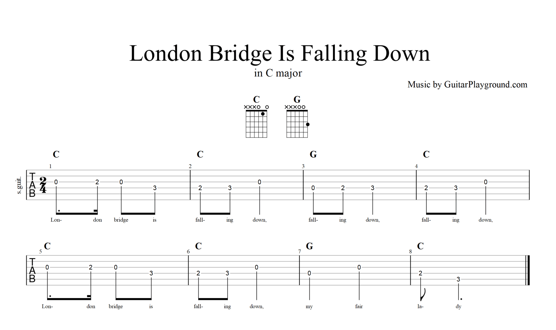 London Bridge Is Falling Down C Major Guitar Music Sheet Kids#1