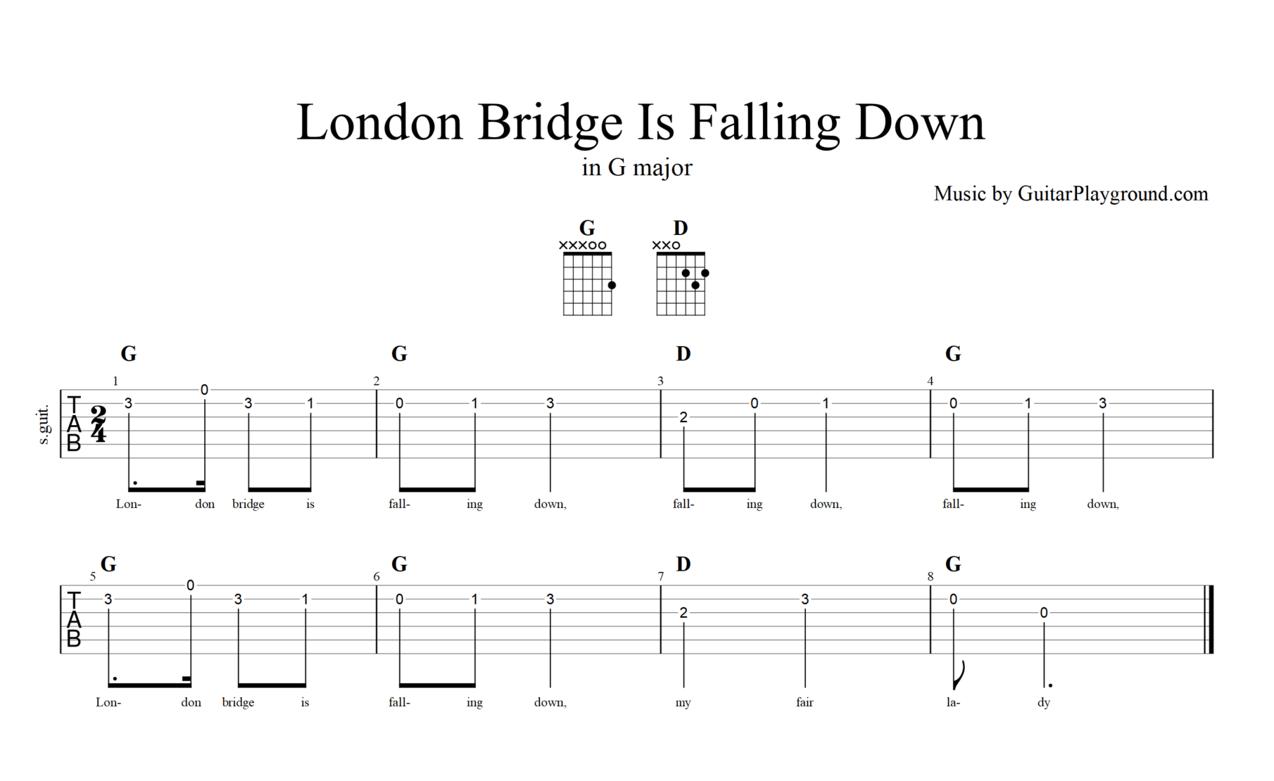 London Bridge Is Falling Down G Major Guitar Music Sheet Kids#1