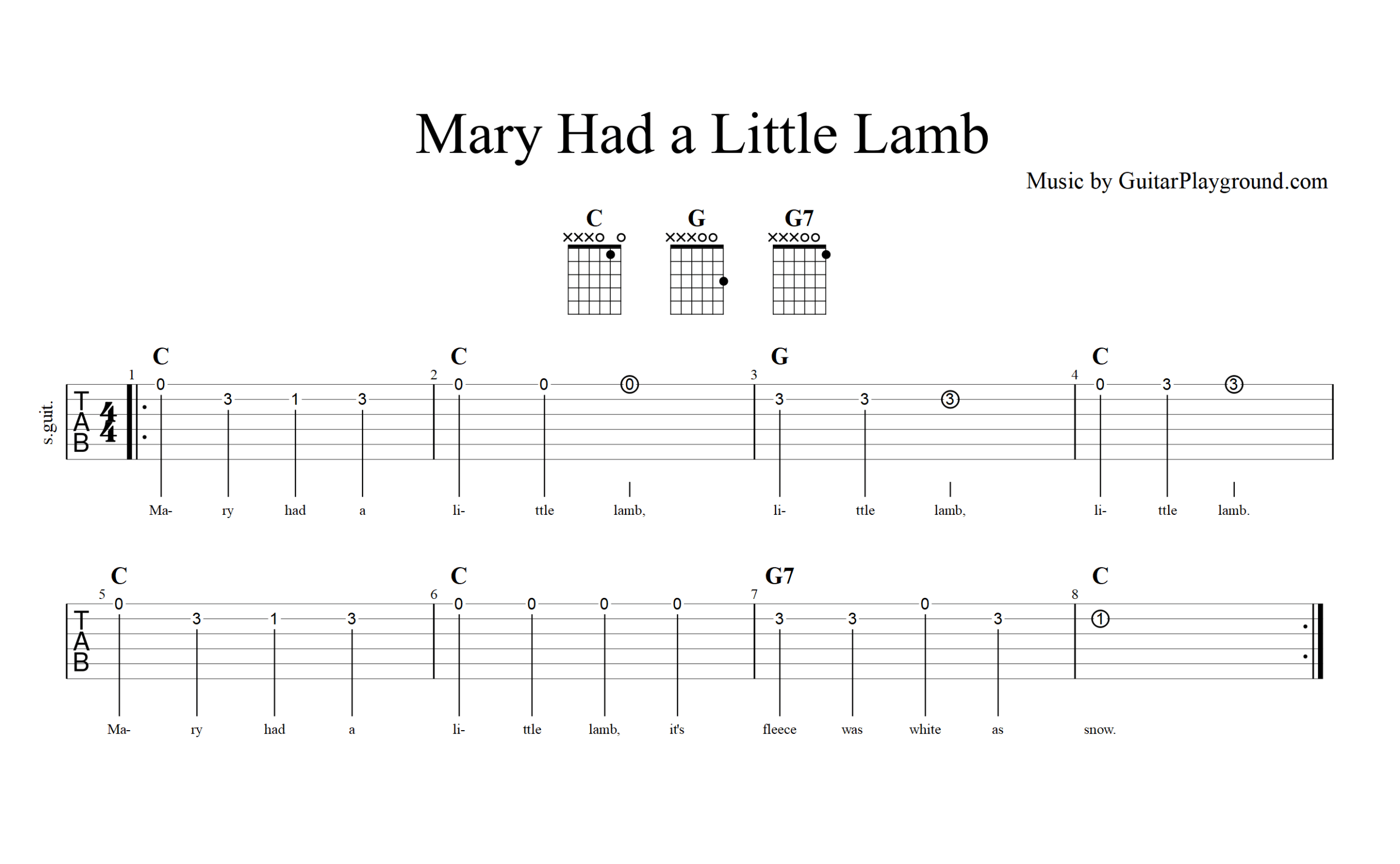 Mary Had A Little Lamb Guitar Music Sheet Kids#1