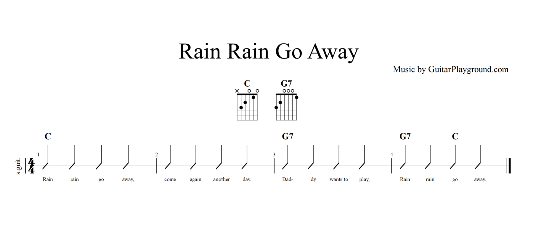 Rain Rain Go Away Guitar Music Sheet Kids Chords#1