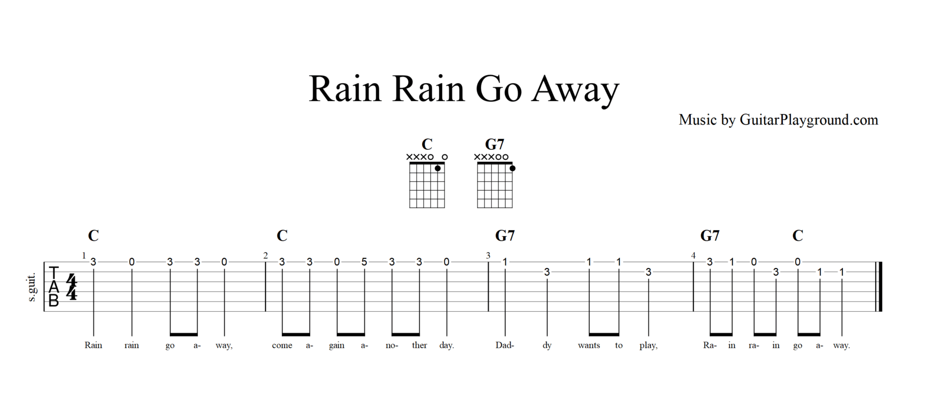 Rain Rain Go Away Guitar Music Sheet Kids Melody Tabs#1