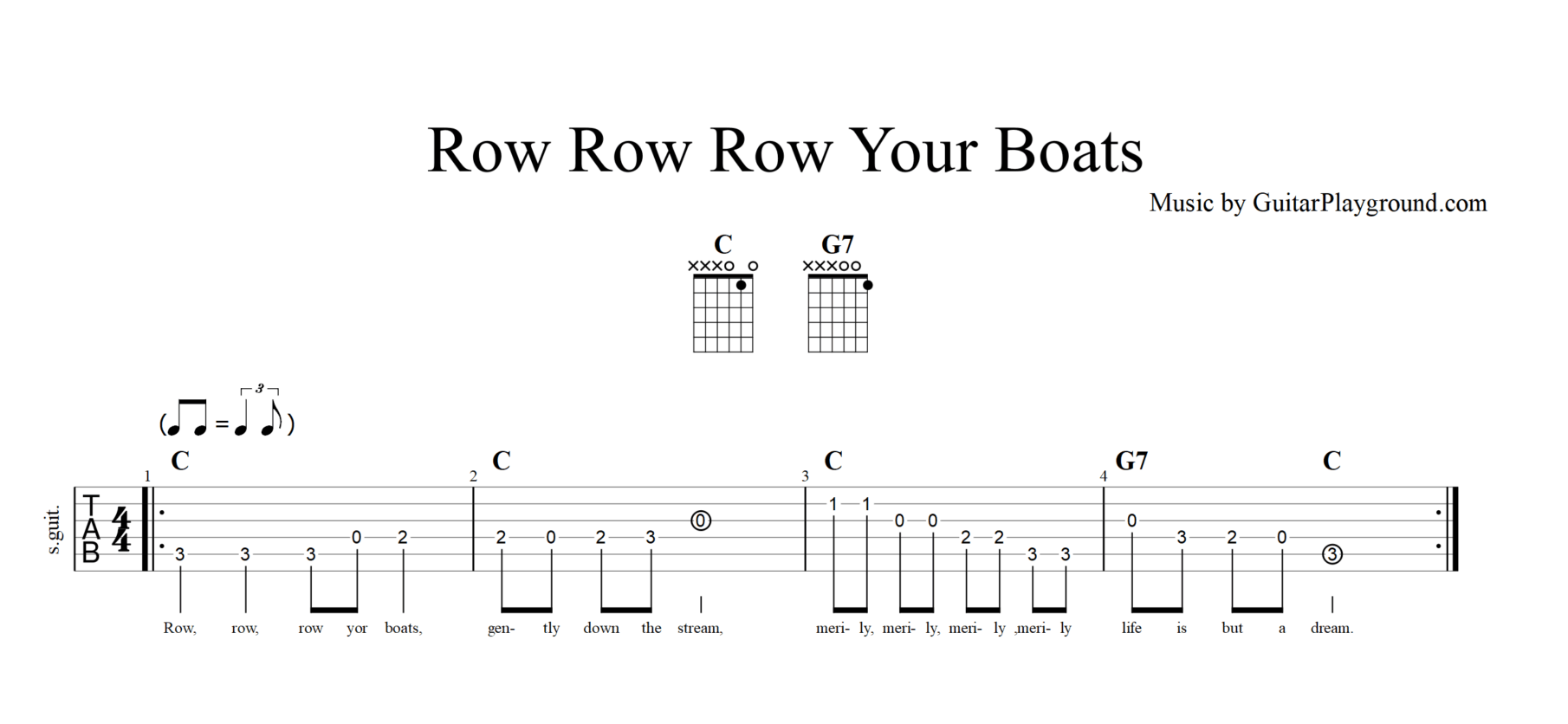 Row Row Row Your Boats Guitar Music Sheet Kids Melody Tabs#1