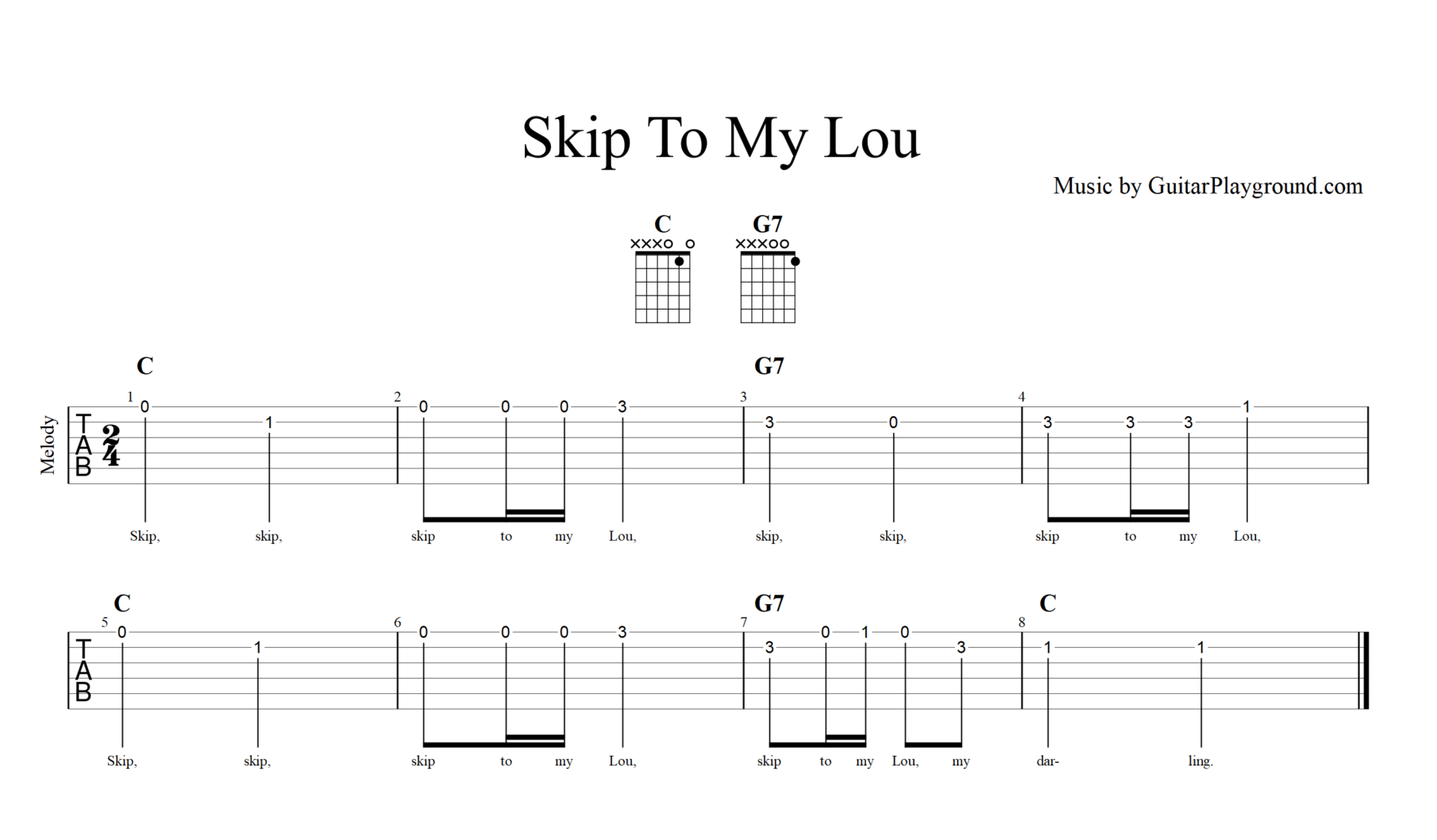 Skip To My Lou Guitar Music Sheet Kids Melody Tabs#1
